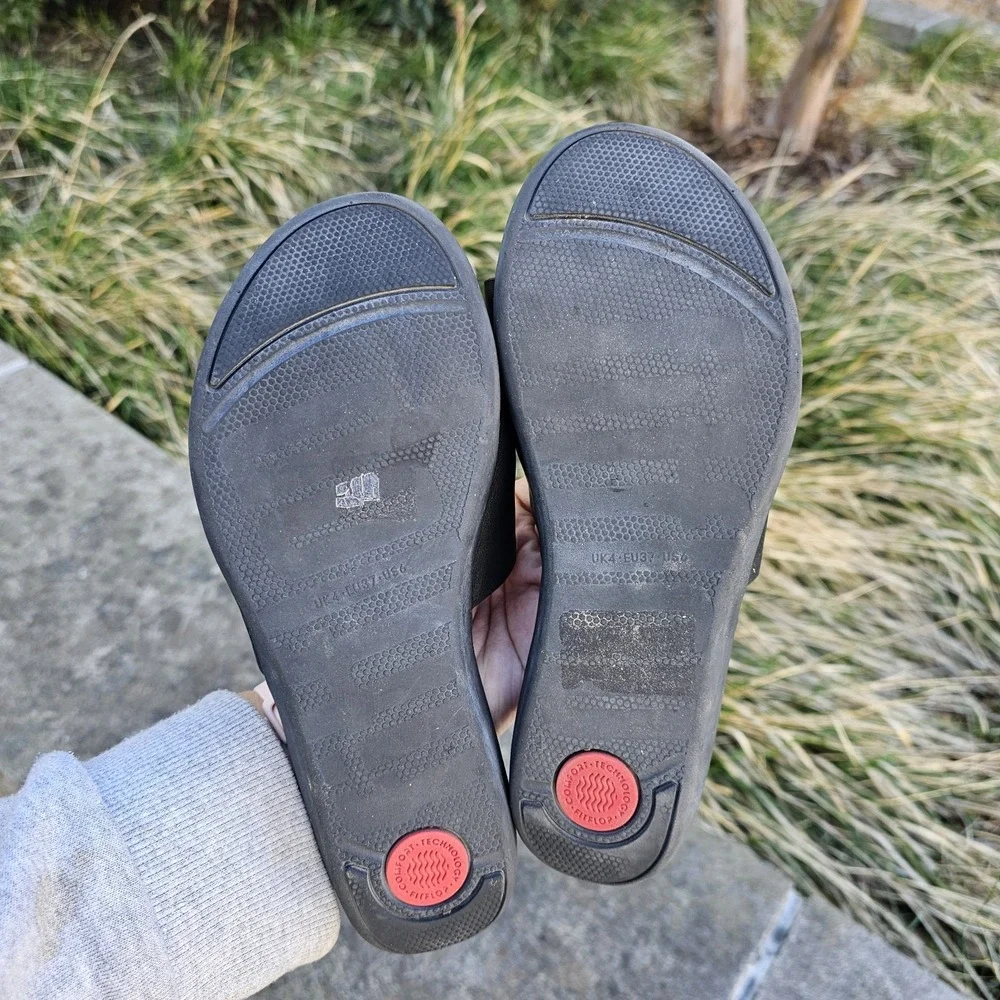 Fitflop EU 37 US 6 Sola Black Leather Slide Sandals Slip‎ On Comfort Walking